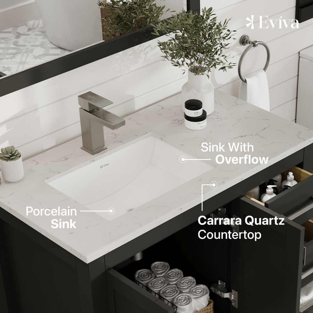 Eviva London Bath Vanity with Carrara Quartz Top and Undermount Porcelain Sink (20"-60")