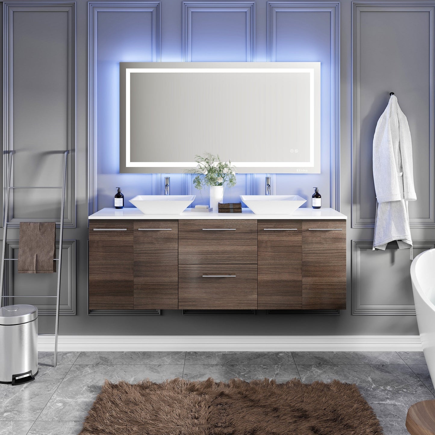 Eviva Lux Wall Mount Bath Vanity with White Quartz Top and Vessel Porcelain Sinks