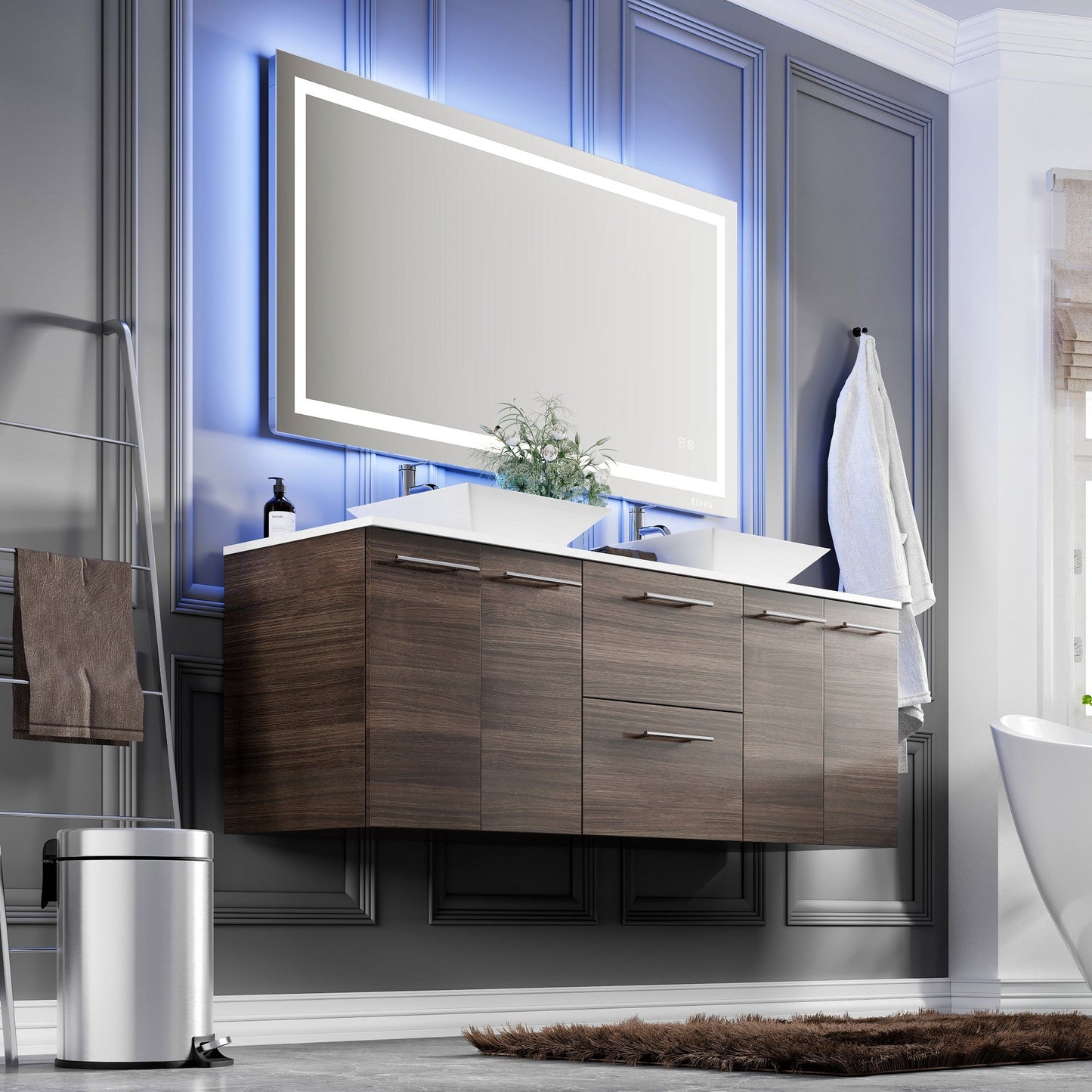 Eviva Lux Wall Mount Bath Vanity with White Quartz Top and Vessel Porcelain Sinks
