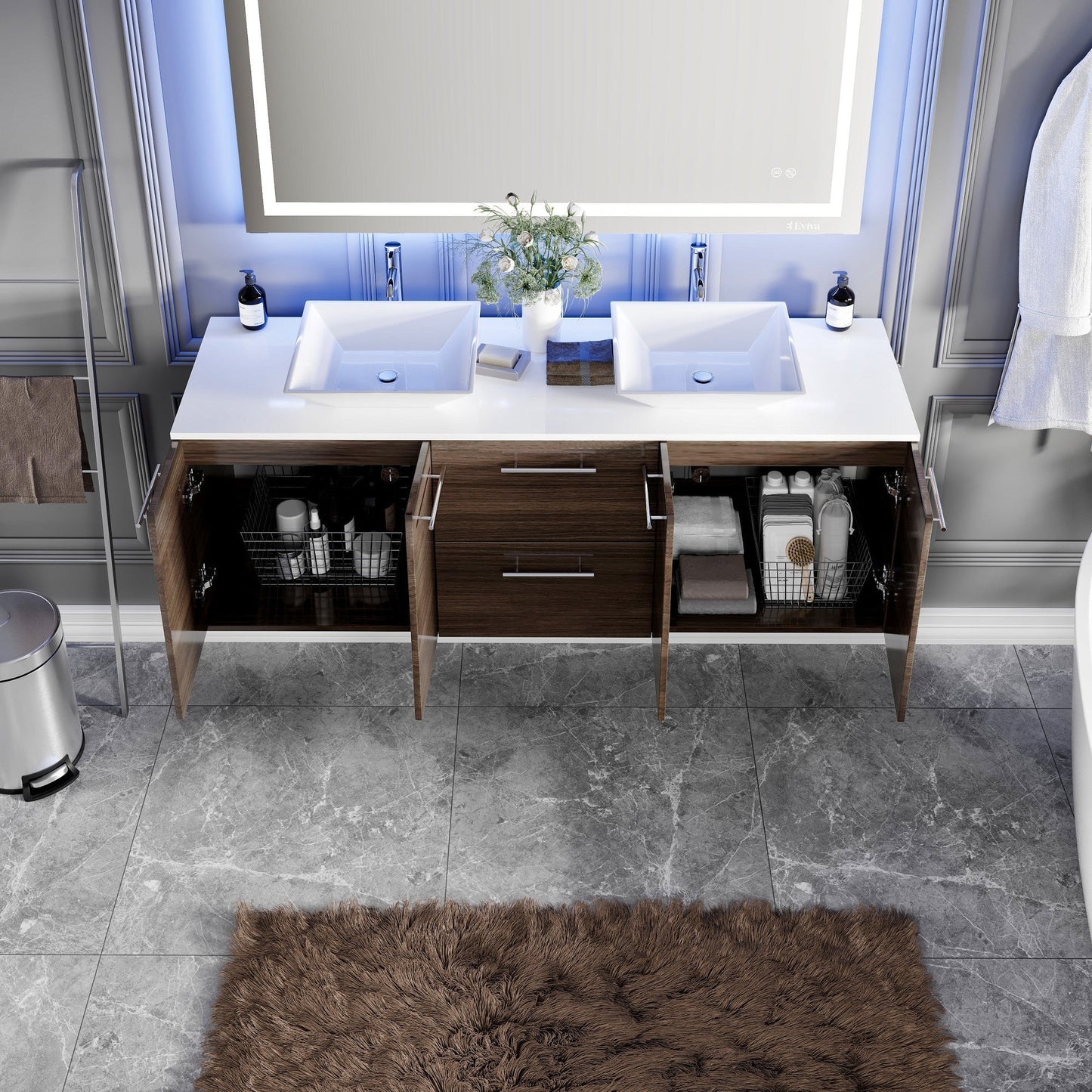 Eviva Lux Wall Mount Bath Vanity with White Quartz Top and Vessel Porcelain Sinks