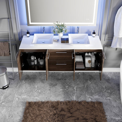 Eviva Lux Wall Mount Bath Vanity with White Quartz Top and Vessel Porcelain Sinks