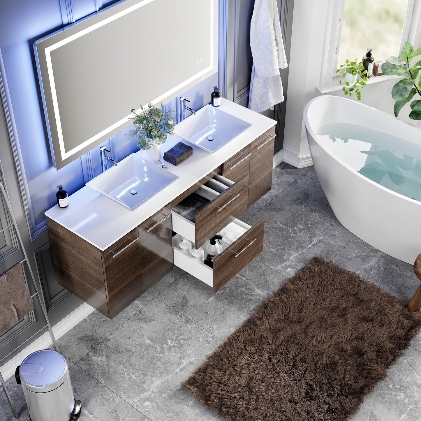 Eviva Lux Wall Mount Bath Vanity with White Quartz Top and Vessel Porcelain Sinks
