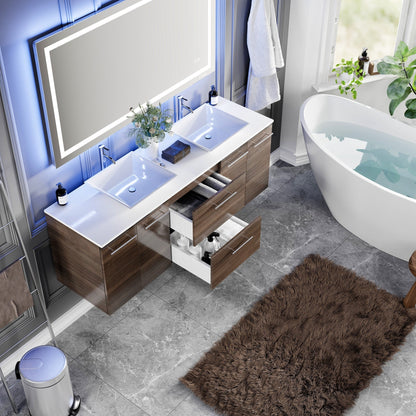 Eviva Lux Wall Mount Bath Vanity with White Quartz Top and Vessel Porcelain Sinks