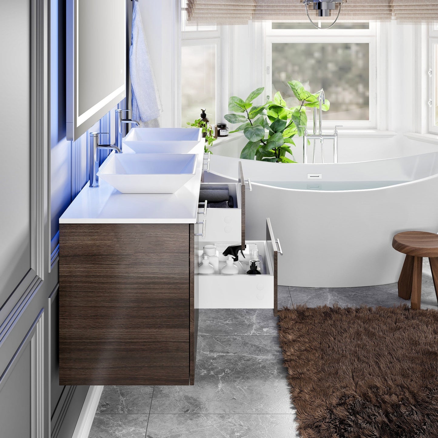 Eviva Lux Wall Mount Bath Vanity with White Quartz Top and Vessel Porcelain Sinks