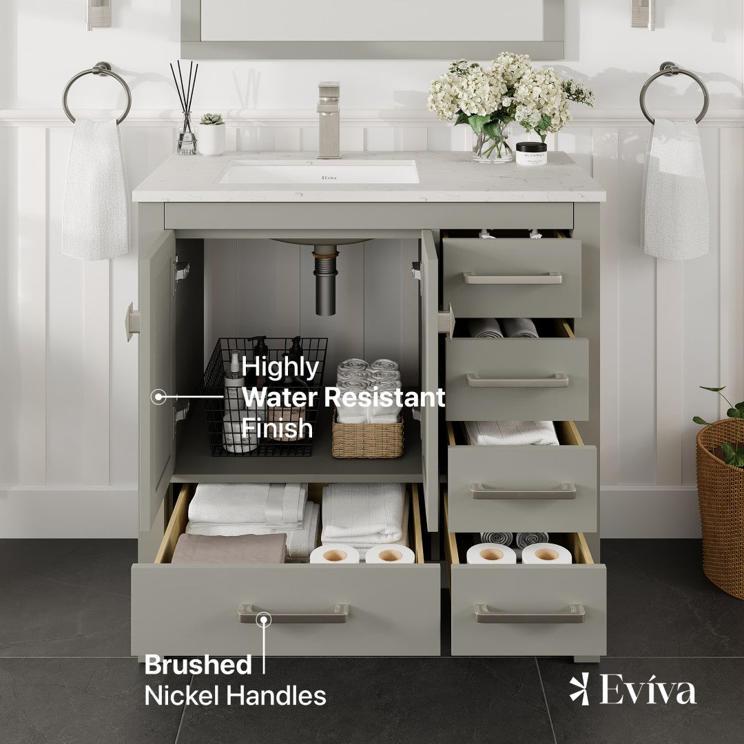 Eviva London Bath Vanity with Carrara Quartz Top and Undermount Porcelain Sink (20"-60")