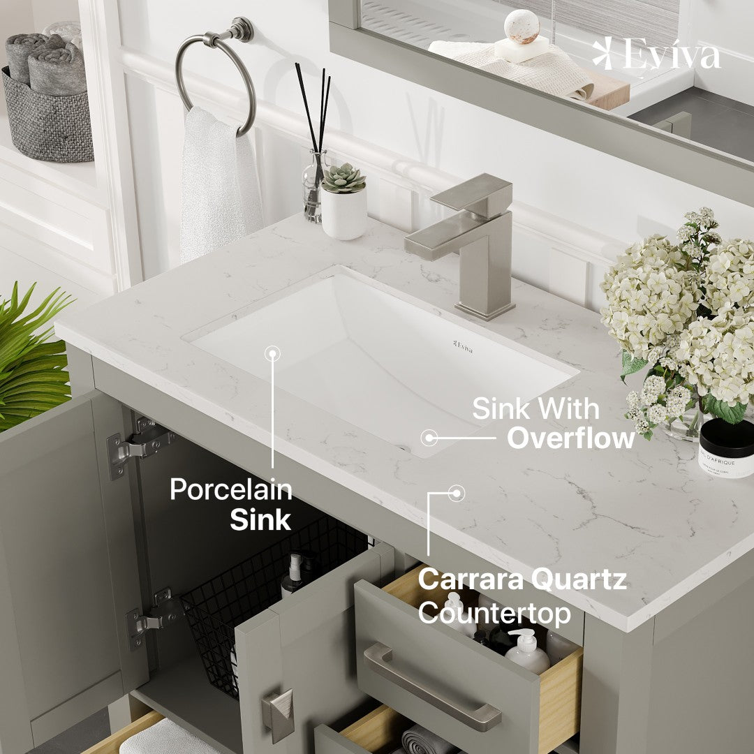 Eviva London Bath Vanity with Carrara Quartz Top and Undermount Porcelain Sink (20"-60")