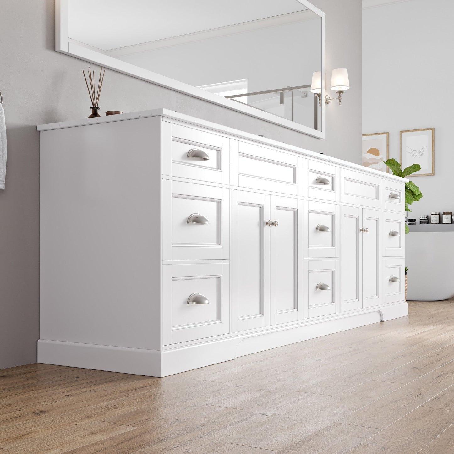 Eviva Epic Bath Vanity with Carrara Quartz Top and Undermount Porcelain Sinks (48"-100")