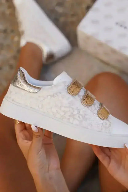 White Leopard Color Block Velcro Straps PU Leather Sneakers