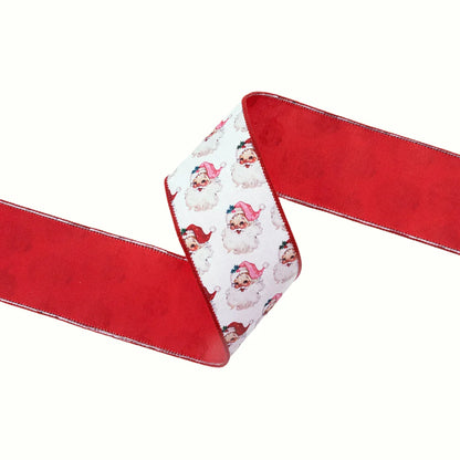 2.5" x 10 yards Wired Reversible Dupioni | Santa Face w/ Pink and Red Backing