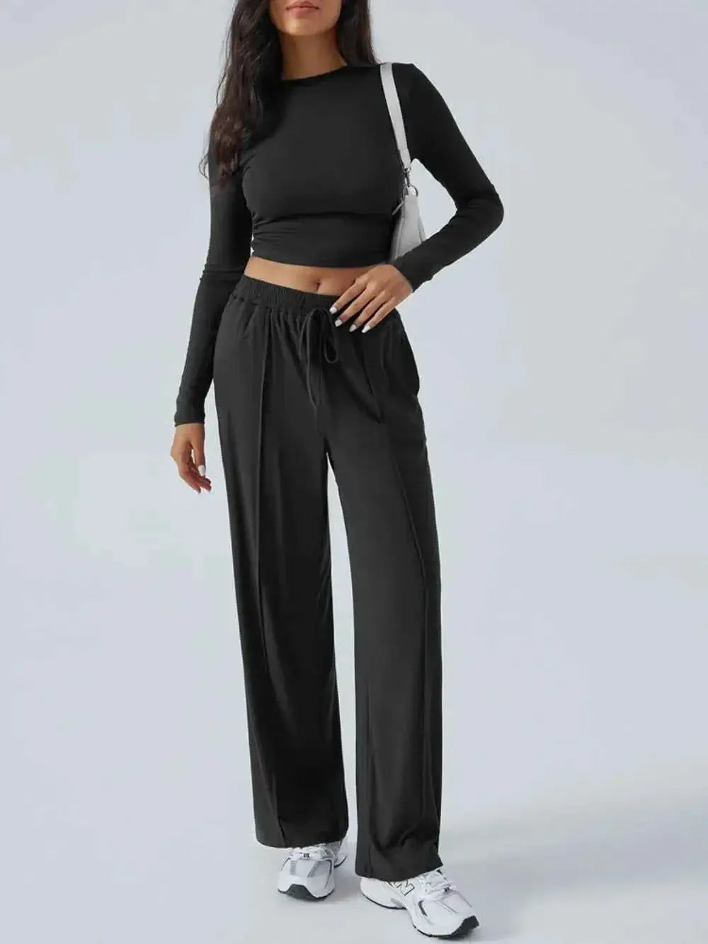Round Neck Long Sleeve Crop Top and Pants Set