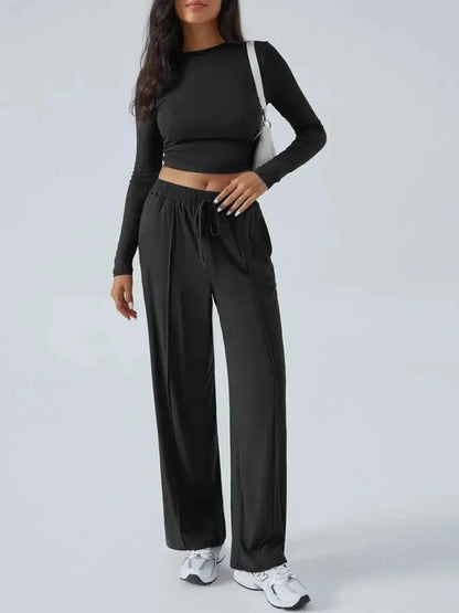 Round Neck Long Sleeve Crop Top and Pants Set