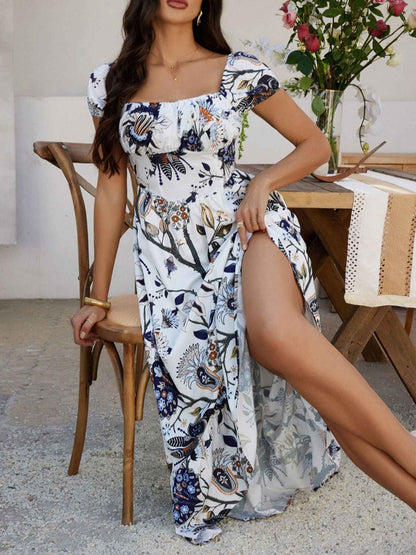 Devine Smocked Maxi Dress - Printed Short Sleeve Women's  Dress