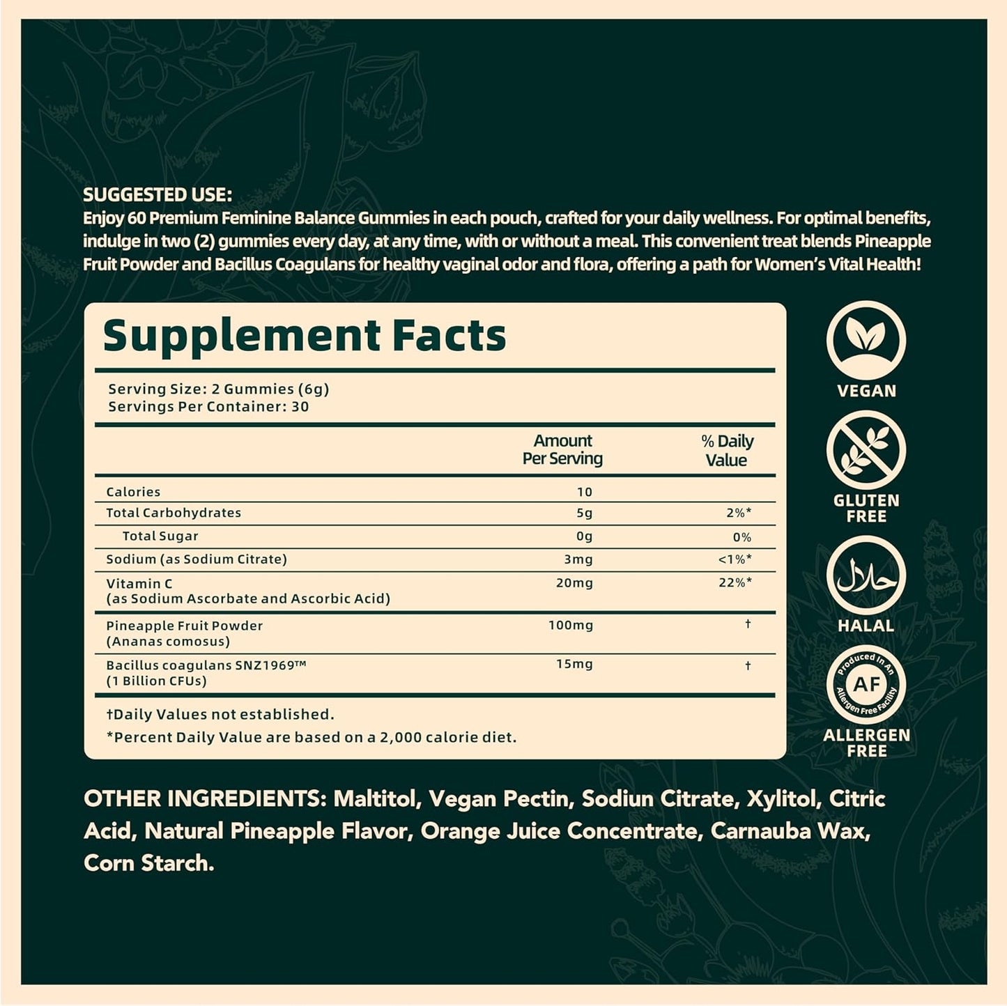 Premium Feminine Balance Gummies - for Women’s Health & Wellness - Immune Support - Vegan, Gluten-Free & Halal - Hawaiian Pineapple - 60 Gummies - 30 Servings