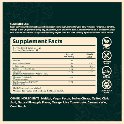 Vital Source Nutrition - Premium Feminine Balance Gummies - for Women’s Health & Wellness - Immune Support - Vegan, Gluten-Free & Halal - Hawaiian Pineapple - 60 Gummies - 30 Serving
