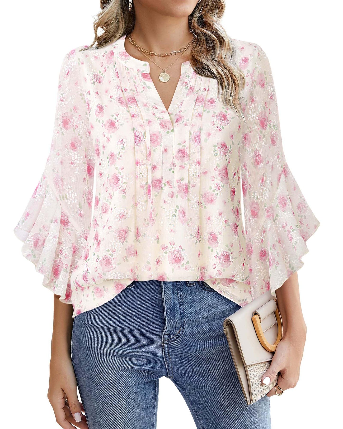 Beautiful Blouses For Ladies - Women's 3/4 Sleeve Chiffon Blouse Dressy Business Casual Work Shirt