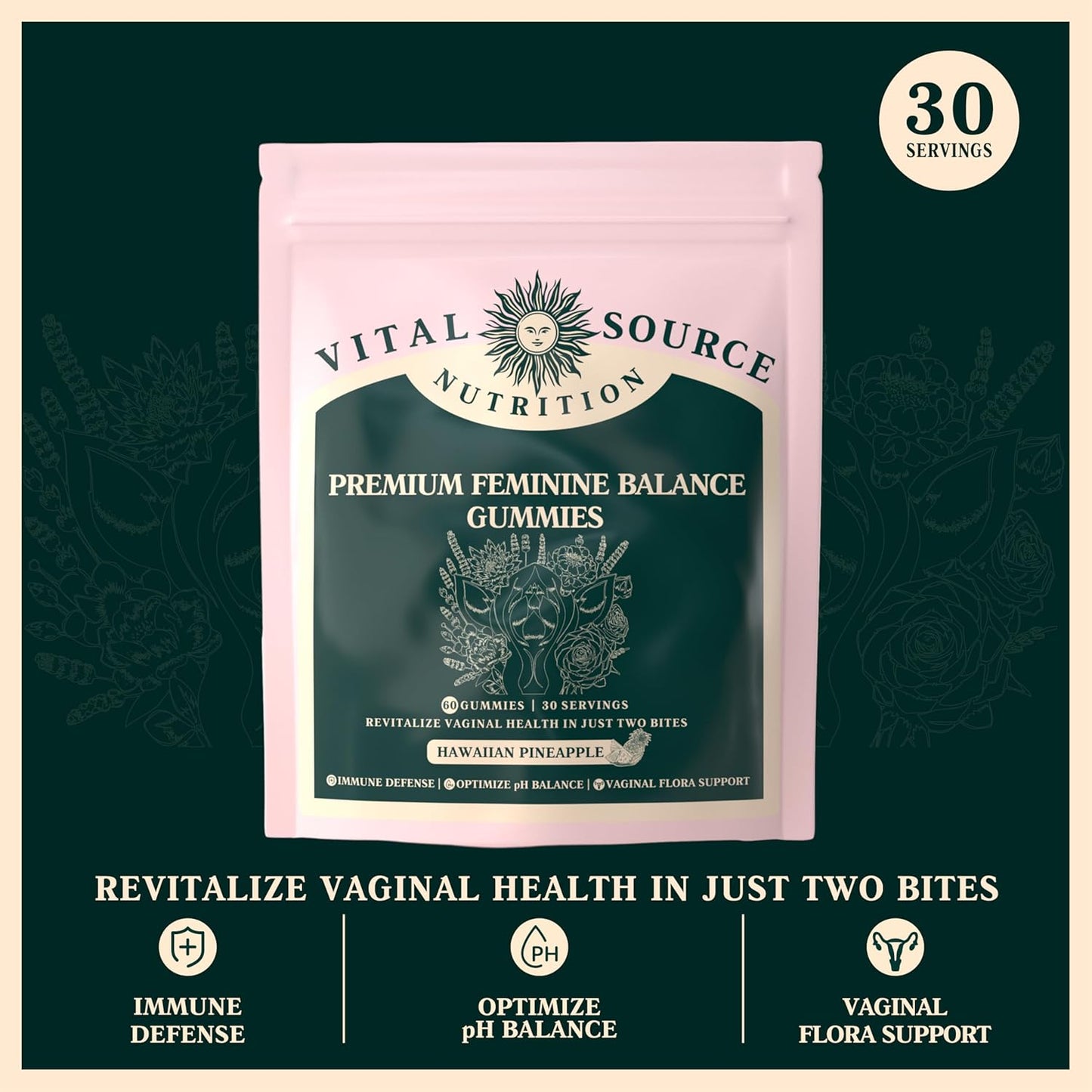 Vital Source Nutrition - Premium Feminine Balance Gummies - for Women’s Health & Wellness - Immune Support - Vegan, Gluten-Free & Halal - Hawaiian Pineapple - 60 Gummies - 30 Serving