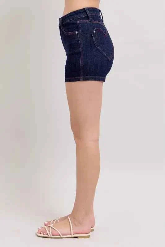 Judy Blue Plus Size High Waist Denim Shorts with Heart Shaped Pockets & Red Contrast Thread