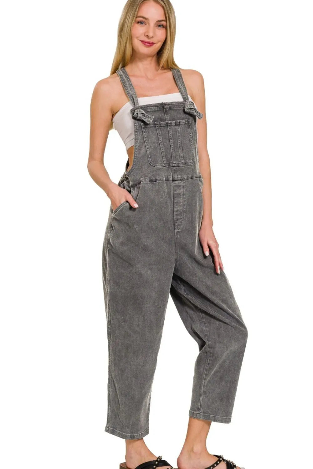 Zenana Washed Knot Strap Relaxed Fit Overalls in Black