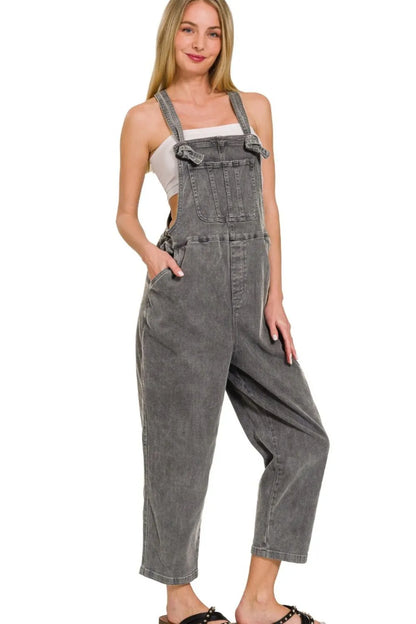 Zenana Washed Knot Strap Relaxed Fit Overalls in Black