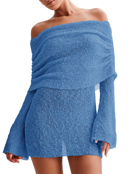 Women's Off Shoulder Beach Cover Up - Sheer Bell Sleeve Mini Dress for Swimwear