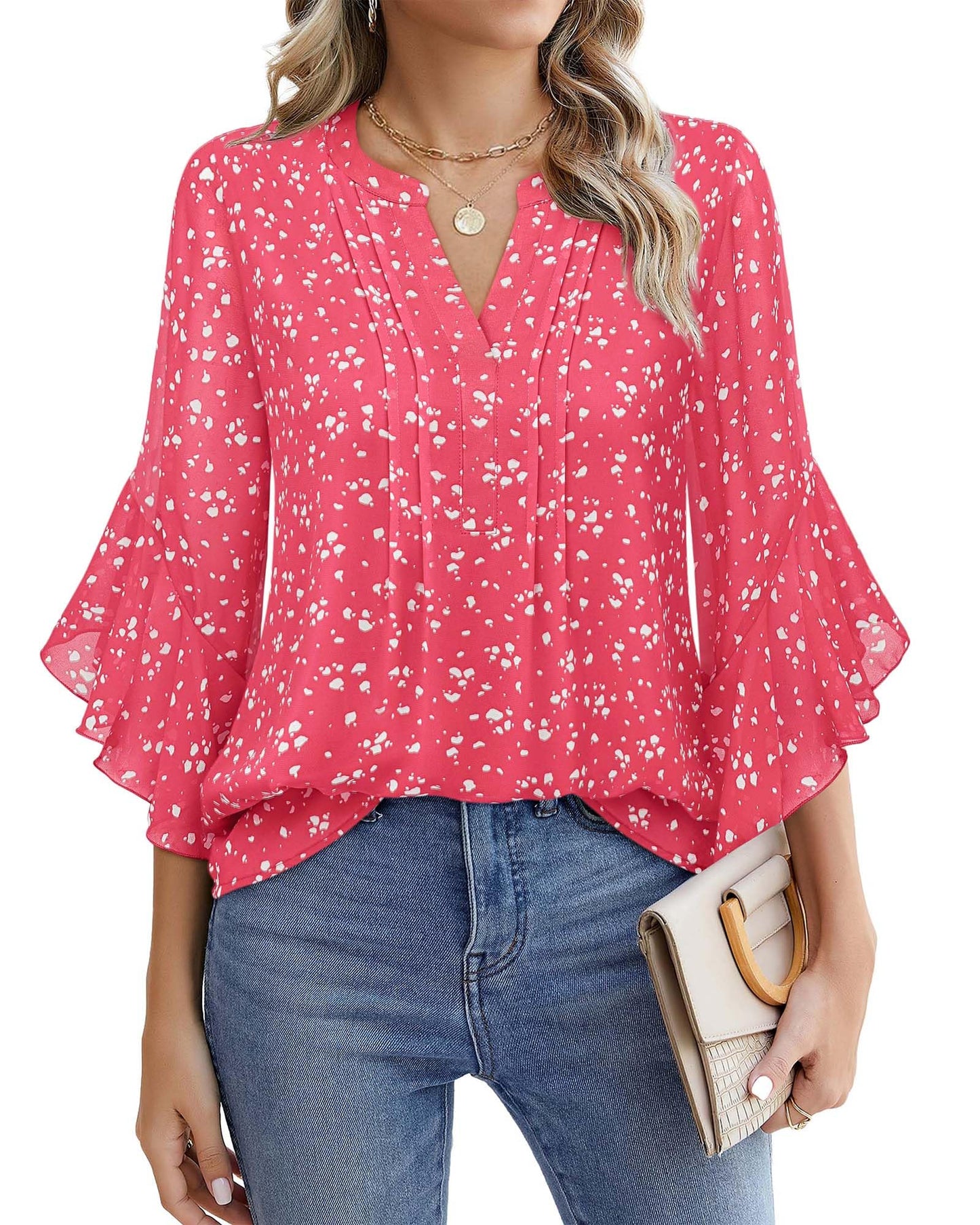 Beautiful Blouses For Ladies - Women's 3/4 Sleeve Chiffon Blouse Dressy Business Casual Work Shirt