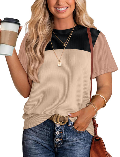 Women's Color Block Knit Shirt Short Sleeve Crewneck Top