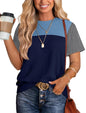 Women's Color Block Knit Shirt Short Sleeve Crewneck Top