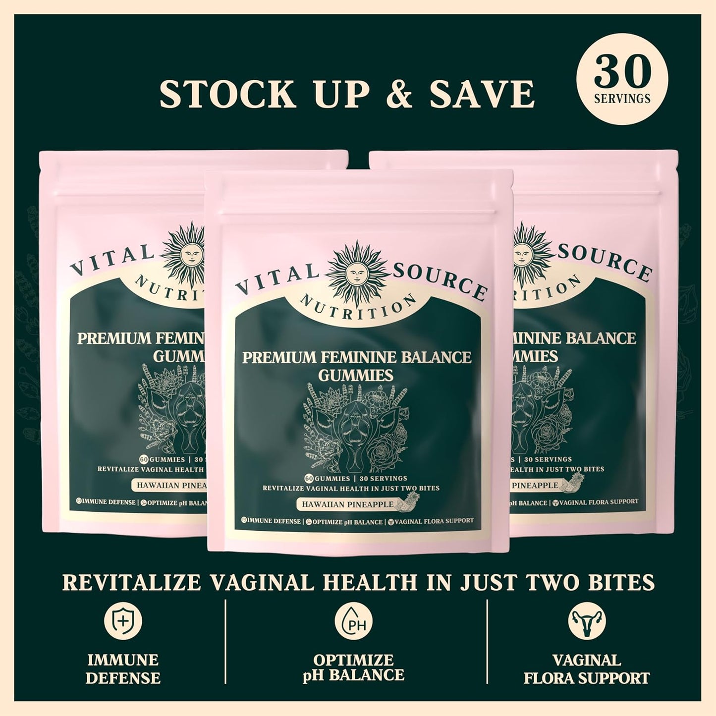 Vital Source Nutrition - Premium Feminine Balance Gummies - for Women’s Health & Wellness - Immune Support - Vegan, Gluten-Free & Halal - Hawaiian Pineapple - 60 Gummies - 30 Serving