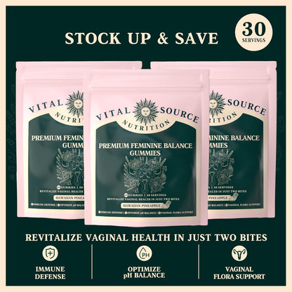 Vital Source Nutrition - Premium Feminine Balance Gummies - for Women’s Health & Wellness - Immune Support - Vegan, Gluten-Free & Halal - Hawaiian Pineapple - 60 Gummies - 30 Serving