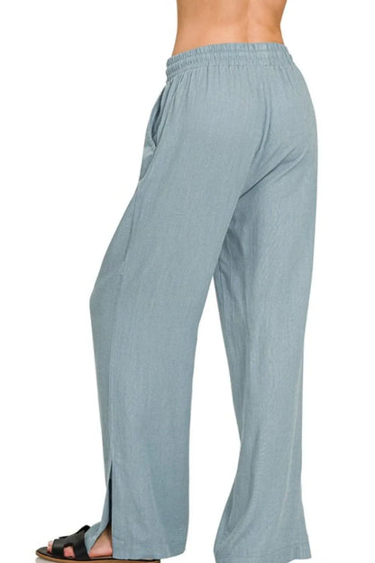 Zenana Linen Drawstring Pants in Blue Grey