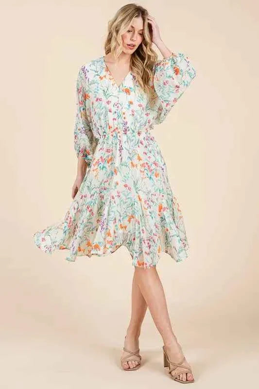 Lime and Chili Dress with Cinched Waist and Balloon Sleeves