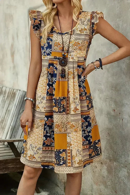 Multicolour Boho Floral Pleated Sleeveless Mini Dress