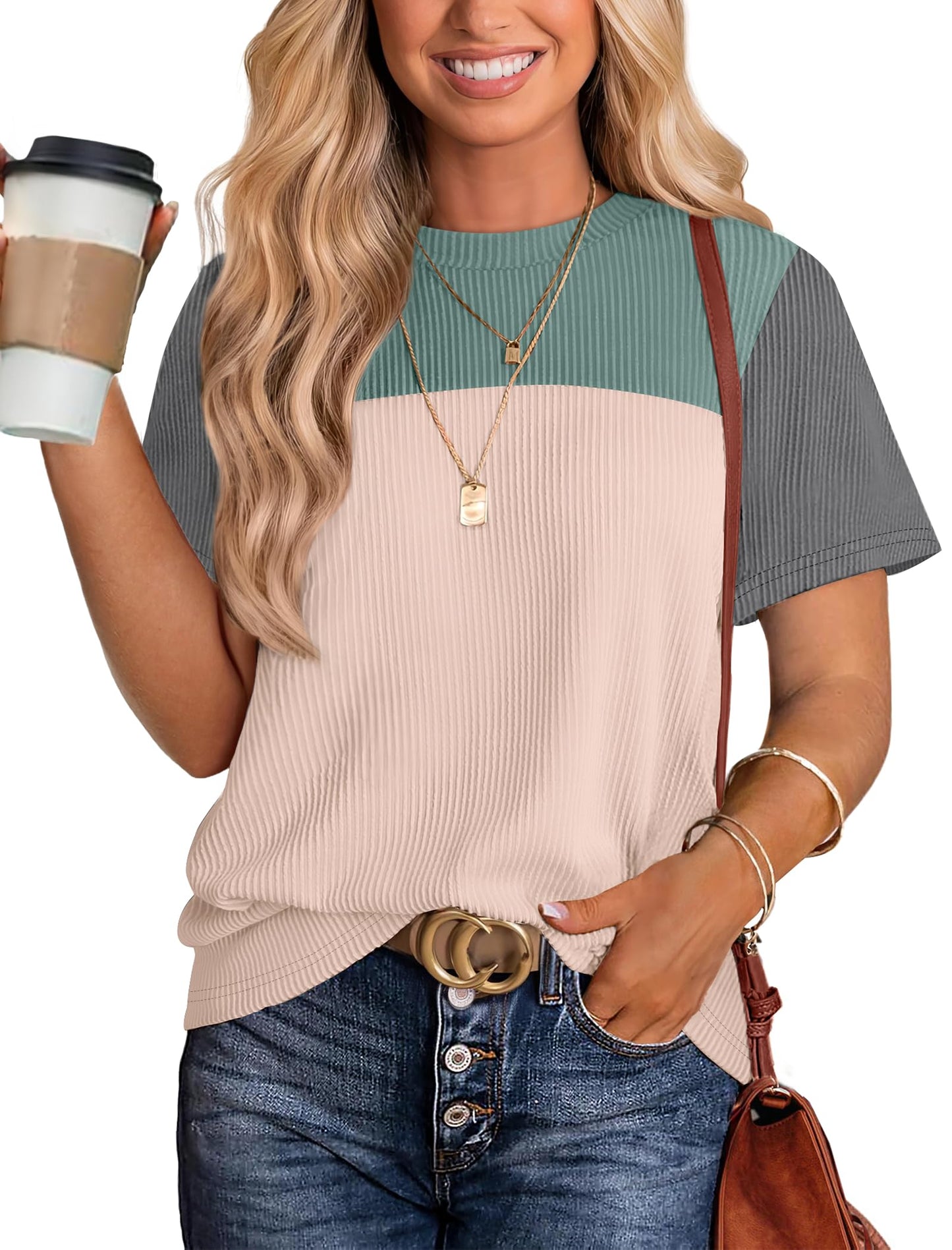 Women's Color Block Knit Shirt Short Sleeve Crewneck Top