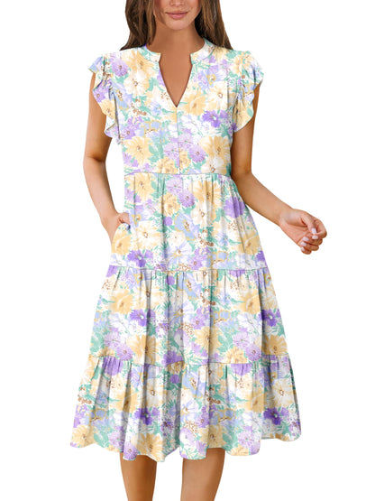 Blue Casual Dresses - Women's Summer Midi Dress - Ruffle Sleeve V-Neck Boho Beach Dress