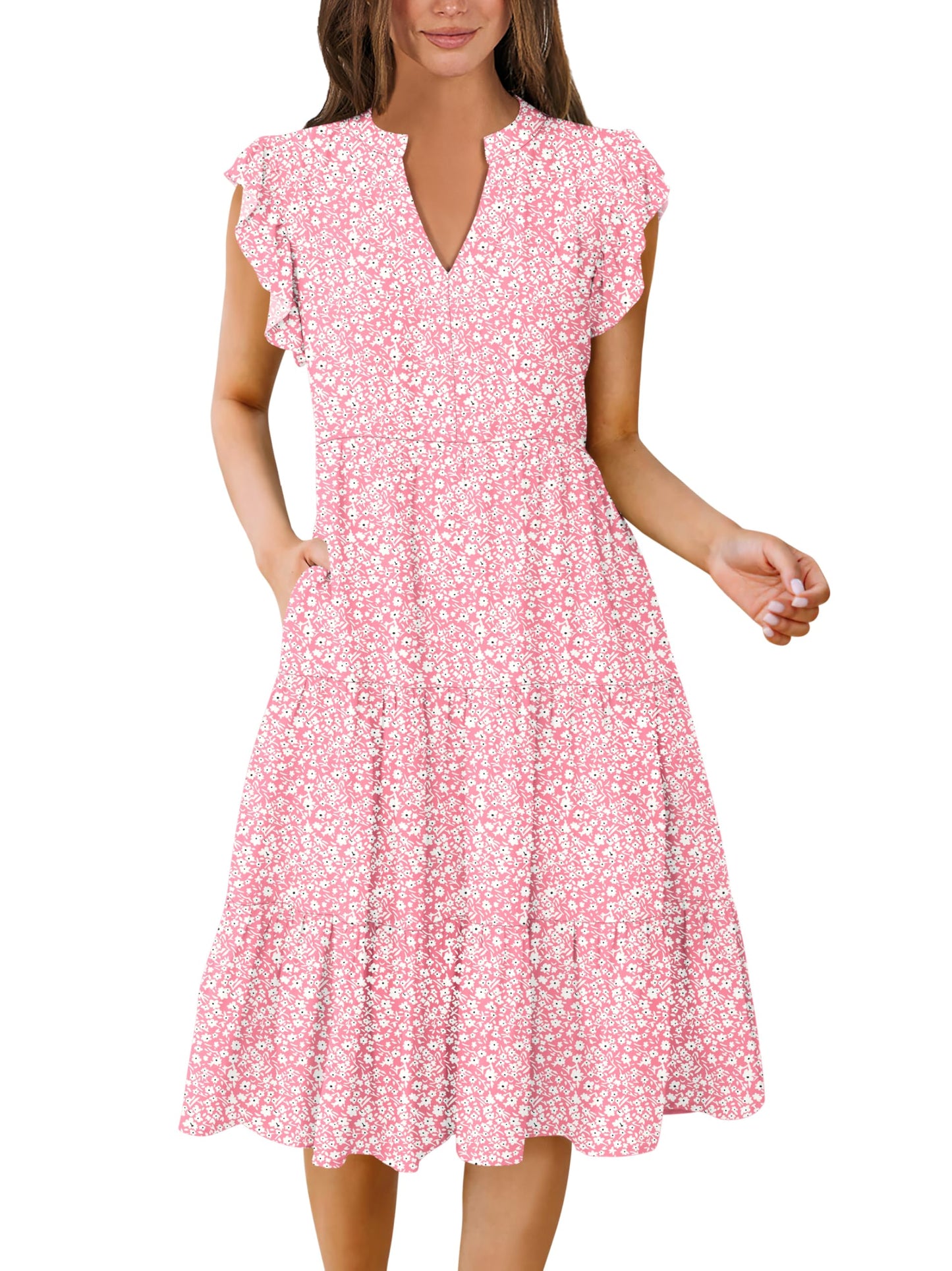 Blue Casual Dresses - Women's Summer Midi Dress - Ruffle Sleeve V-Neck Boho Beach Dress