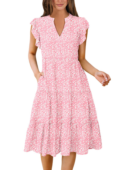 Blue Casual Dresses - Women's Summer Midi Dress - Ruffle Sleeve V-Neck Boho Beach Dress