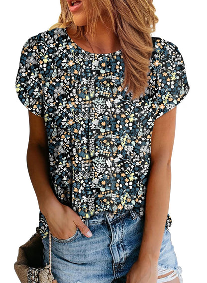 Polyester Blouses - Women's Chiffon Blouse Short Sleeve Pleated Top with Keyhole Back Detail