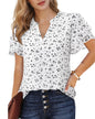 Polyester Blouses - Women's Chiffon Blouse V-Neck Puff Sleeve Summer Top for Work and Casual Wear