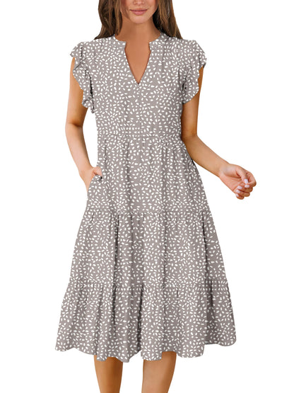 Blue Casual Dresses - Women's Summer Midi Dress - Ruffle Sleeve V-Neck Boho Beach Dress