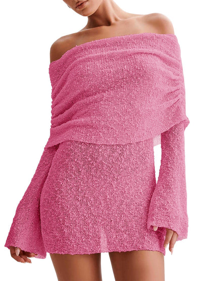 Women's Off Shoulder Beach Cover Up - Sheer Bell Sleeve Mini Dress for Swimwear