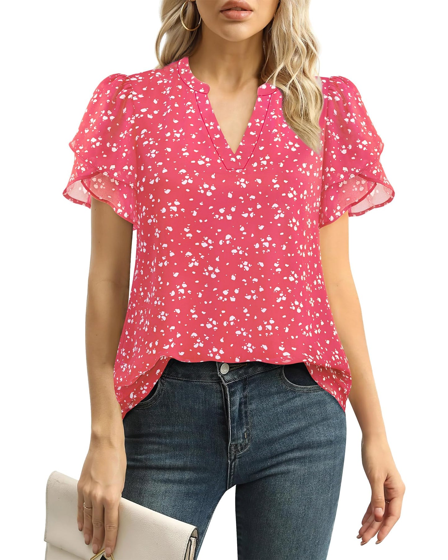 Polyester Blouses - Women's Chiffon Blouse V-Neck Puff Sleeve Summer Top for Work and Casual Wear