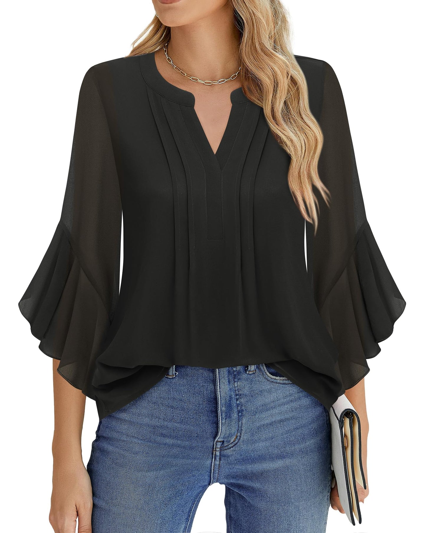 Beautiful Blouses For Ladies - Women's 3/4 Sleeve Chiffon Blouse Dressy Business Casual Work Shirt
