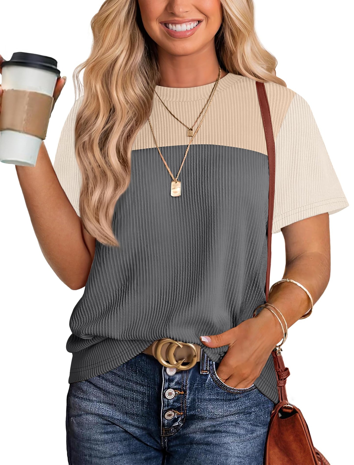 Women's Color Block Knit Shirt Short Sleeve Crewneck Top