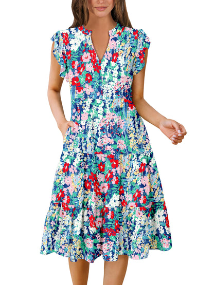 Blue Casual Dresses - Women's Summer Midi Dress - Ruffle Sleeve V-Neck Boho Beach Dress