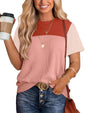 Women's Color Block Knit Shirt Short Sleeve Crewneck Top