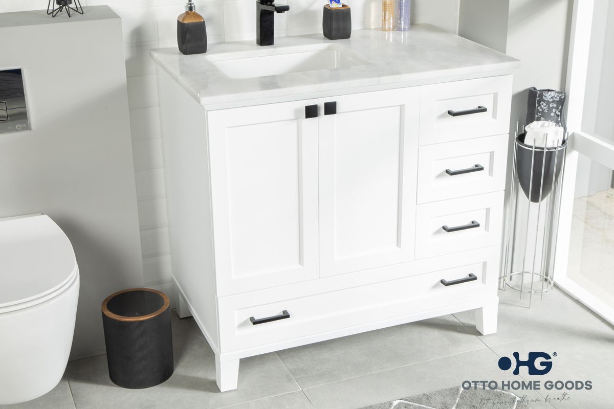 Paloma 36" White Bathroom Vanity with Quartz Top & Black Hardware