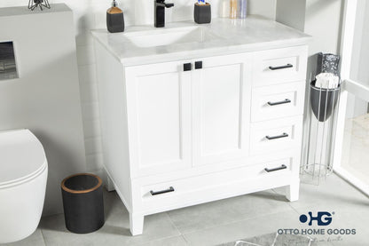 Paloma 36" White Bathroom Vanity with Quartz Top & Black Hardware