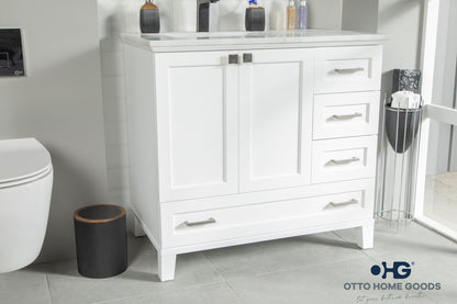 Paloma 36" White Bathroom Vanity with Quartz Top & Black Hardware