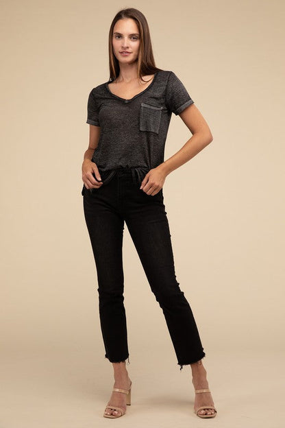 ZENANA Washed Melange Burnout Scoop V-Neck Top