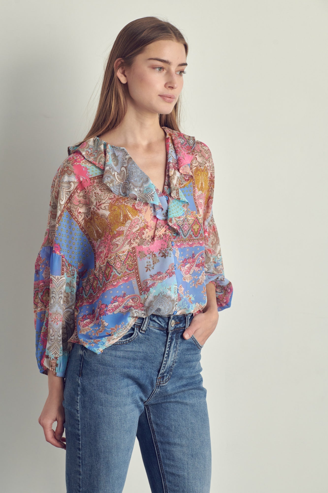 Ruffled V-Neck Patchwork Blouse | Apparel | Kitchen + Metal